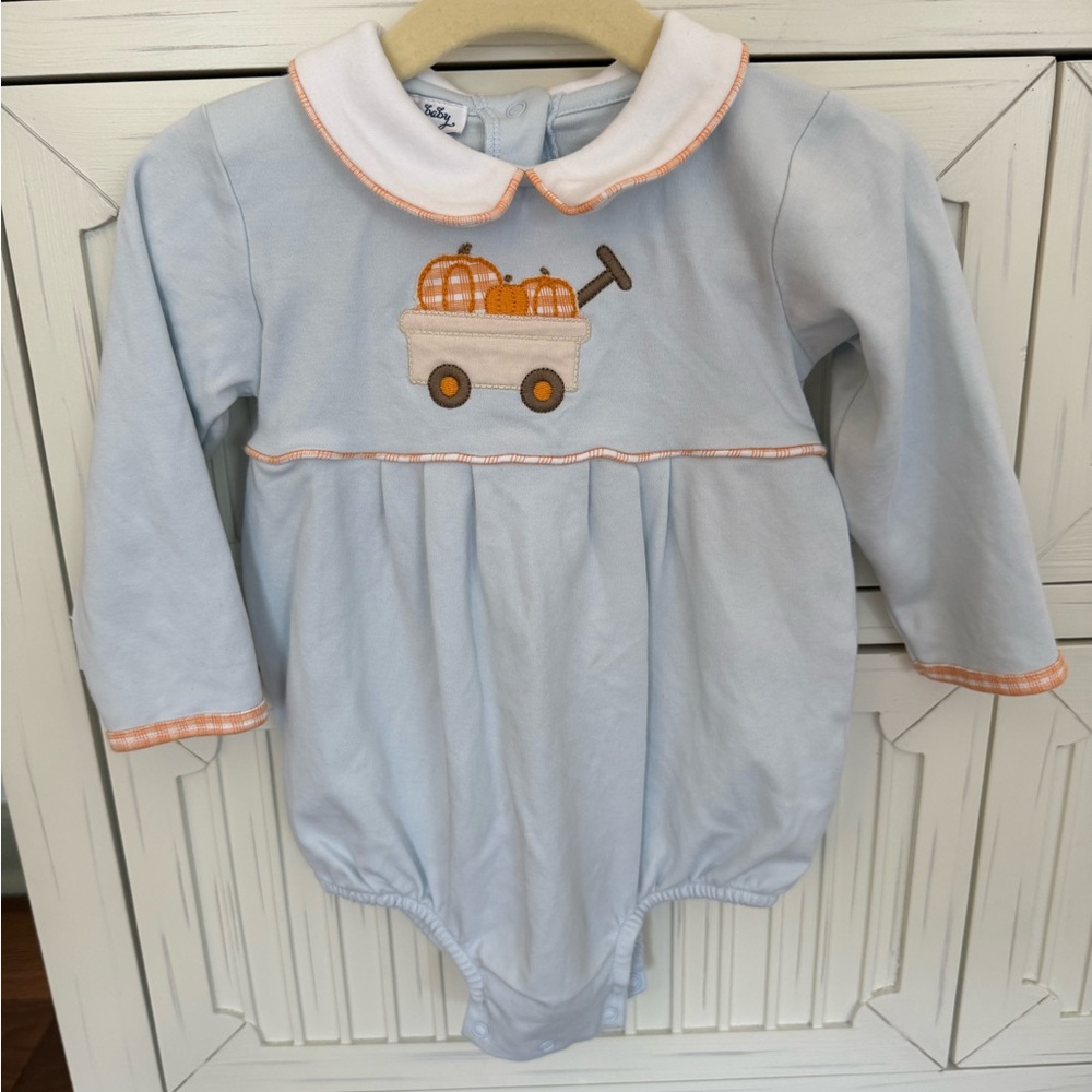 Magnolia Baby Boys long sleeved light blue bubble with pumpkin appliqué size 18m